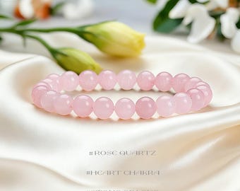 Healing Rose Quartz Crystal Bracelet, Natural Stone Stretch Bracelet, Heart Chakra, Attract Love ,Happiness