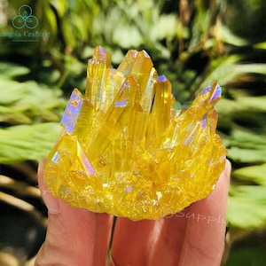 Rainbow Titanium Yellow Aura Quartz Crystal Cluster,Crystal Point Natural Stone Cluster,  Crystal Mineral Specimen Home Decor