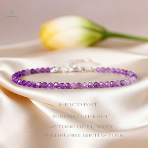 Healing Amethyst Crystal Dainty Bracelet -Natural Stone Minimalist Bracelet-February Birthstone, Crown Chakra