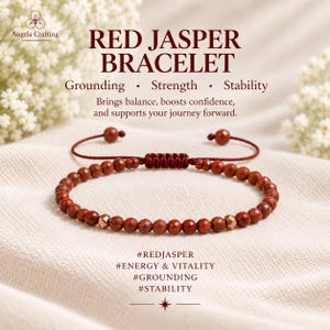 May include: A red jasper bracelet featuring faceted round beads and two metallic accents, with a dark red adjustable cord closure. The text reads RED JASPER BRACELET, Grounding, Strength, Stability, Brings balance, boosts confidence, and supports your journey forward.