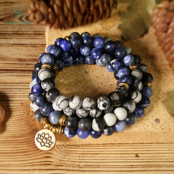 Sodalite Stone Bracelet, 108 Beads Mala Prayer Bracelet, Natural Gemstone Bracelet, Healing Meditation Bracelet Inner Peace Gift