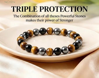 Natural Gemstone Triple Protection Bracelet: Healing Crystal Stretchy Bracelet, Tiger's Eye, Obsidian & Hematite