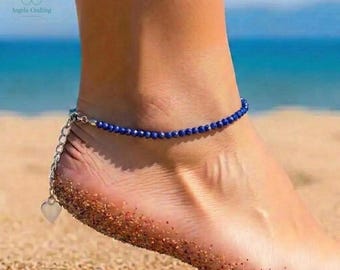 Minimalistisches Lapis Lazuli Kristall-Fußkettchen, zierlicher königsblauer Edelstein-Fuß-Schmuck, Stein der Weisheit
