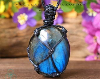Labradorite Necklace, Natural Gemstone Labradorite Pendant Necklace, Healing Crystal Wrapped Pendant Necklace ,Spiritual Protection Gift