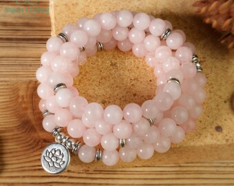 Natural Rose Quartz Stone Bracelet, 108 Beads Mala Prayer Rose Quartz Bracelet, Healing Meditation Bracelet Inner Peace Gift