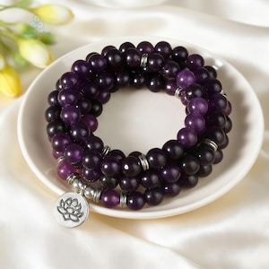 108 Beads Mala Prayer Amethyst Bracelet, Healing Crystal Meditation Bracelet ,February Birthstone, Crown Chakra