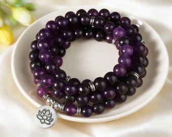 108 Perlen Mala Gebet Amethyst Armband, Heilkristall Meditationsarmband, Februar Geburtsstein, Kronenchakra