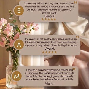 May include: Image features a glass vase with pink flowers, set against a backdrop of draped fabric. The text includes customer reviews about a velvet choker necklace and a layered gold choker, highlighting their quality and appeal.
