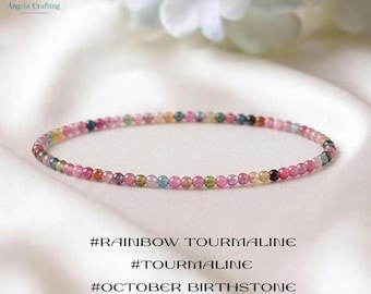 2MM Dainty Rainbow Tourmaline Bracelet, Minimalist Crystal Jewelry, Stone for Joy &Happiness Gift