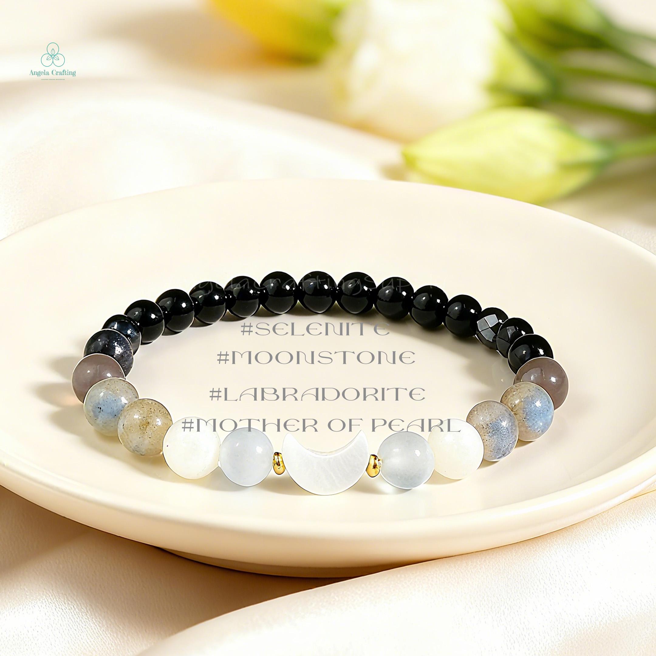 moonstone✨ブレスレットB26120 Moon Phase Bracelet, Natural Moonstone, Labradorite, Selenite