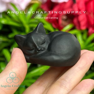 Obsidian Cat Statue, Natural Black Obsidian Stone Sleeping Cat Statue Hand-Carved Healing Stone Gemstone Kitten Statue Figurine