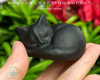 Obsidian Cat Statue, Natural Black Obsidian Stone Sleeping Cat Statue Hand-Carved  Stone Gemstone Kitten Statue Figurine
