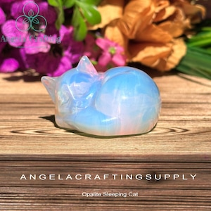 Opalite Cat Statue, Natural Stone Sleeping Cat Statue, Hand-Carved  Stone Gemstone Kitten Statue Figurine Mineral Specimens Home Decor
