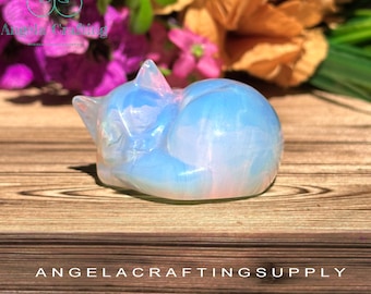 Opal Cat Statue, Natural Stone Sleeping Cat Statue, Hand-Carved Healing Stone Gemstone Kitten Statue Figurine Mineral Specimens Home Decor