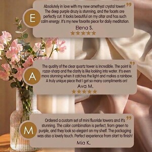 May include: A clear ribbed glass vase containing pink sweet pea flowers, overlaid with three customer review text boxes from AngelaCraftingSupply. The reviews feature testimonials from Elena S., Ava M., and Mia K. regarding amethyst, clear quartz, and fluorite towers.