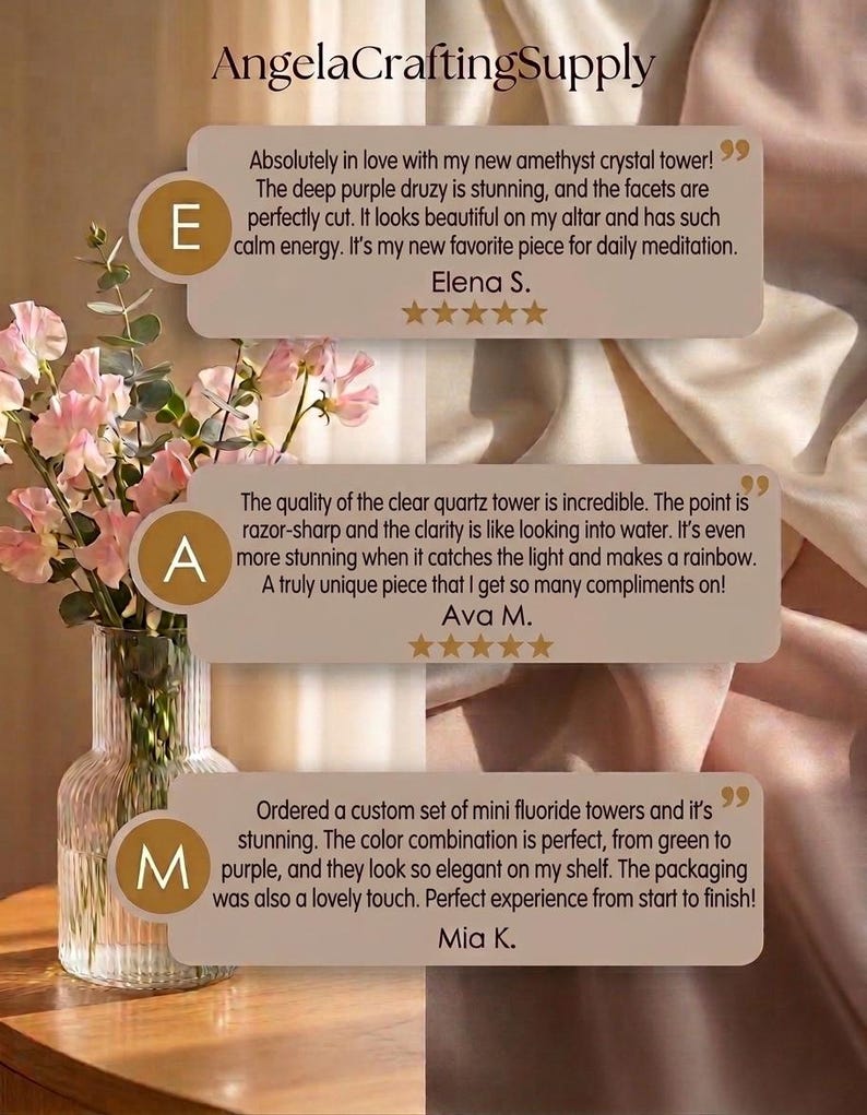May include: A clear ribbed glass vase containing pink sweet pea flowers, overlaid with three customer review text boxes from AngelaCraftingSupply. The reviews feature testimonials from Elena S., Ava M., and Mia K. regarding amethyst, clear quartz, and fluorite towers.