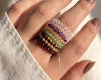 Dainty Gemstone Stretchy Stacking Rings, Natural Minimalist Crystal Ring ,Buy 3 Get 1 Free