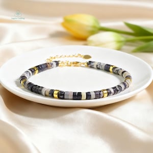 Natural Spider Web Agate Dainty Bracelet, Black Crackle Crystal Minimalist Bracelet, Netstone Jasper Stone