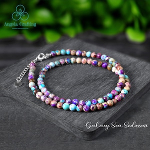Natürliche Galaxy Sea Sediment Jaspis Perlen Choker Halskette, Zierliche Edelstein Choker, Layering Halskette, Minimalist Herz Chakra Geschenk für Sie
