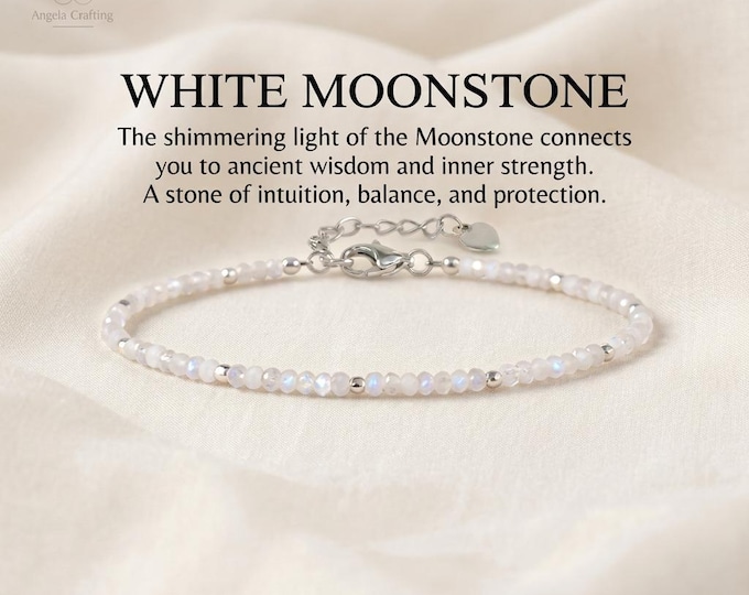 Dainty White Moonstone Crystal Bracelet, Minimalist Gemstone Jewelry, Crown Chakra, Divine feminine Gift
