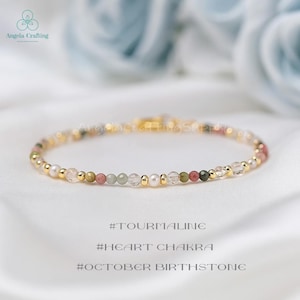 Tourmaline Minimalist Bracelet- Natural Tourmaline Gemstone Bracelet, Delicate Rainbow Tourmaline Crystal Dainty Bracelet, Heart Chakra Gift