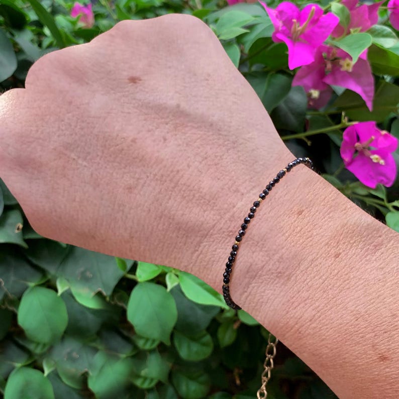 Black Tourmaline Dainty Bracelet , Natural Gemstone Minimalist Crystal Bracelet, Root Chakra, Stone of Protection image 3