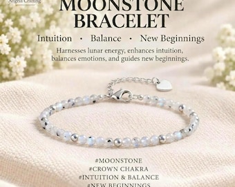 May include: A delicate moonstone bracelet featuring small, iridescent, round beads and a silver-toned metal clasp with a heart-shaped charm. The text reads MOONSTONE BRACELET, Intuition, Balance, New Beginnings, and includes hashtags like #MOONSTONE and #CROWN CHAKRA.