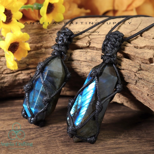 Labradorite Wrapped Necklace, Natural Stone Double Points Pendant Necklace, Healing Crystal Necklace ,Spiritual Protection Gift