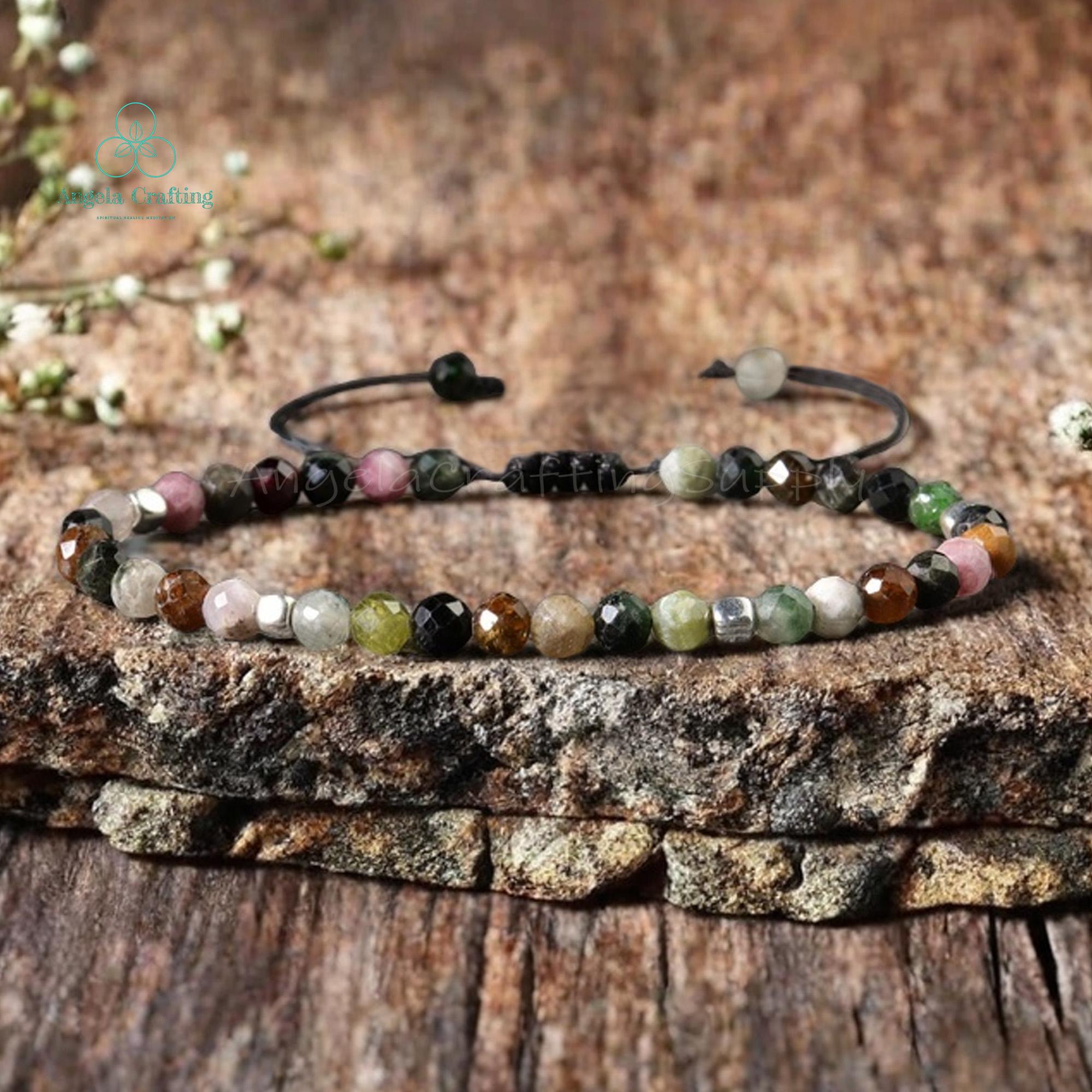 Healing Rainbow Tourmaline Minimalist Bracelet, Natural Tourmaline Stone Dainty Bracelet, Tourmaline Crystal Bracelet, Heart Chakra Gift