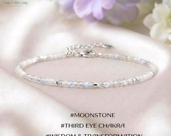 Dainty White Moonstone Crystal Bracelet, Minimalist Gemstone Jewelry, Crown Chakra, Divine feminine Gift