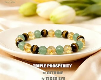 Triple Abundance Bracelet: Citrine, Green Aventurine, & Tiger Eye Prosperity Crystals Gift, Natural Stone