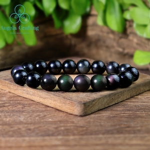 Rainbow Obsidian Bracelet, Sagittarians Birthstone Bracelet, Healing Obsidian Crystal Bracelet, Natural Obsidian Stone Stretch Bracelet Gift