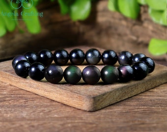 Rainbow Obsidian Bracelet, Sagittarians Birthstone Bracelet, Healing Obsidian Crystal Bracelet, Natural Obsidian Stone Stretch Bracelet Gift