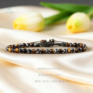 Triple Protection Healing Crystal Bracelet, Natural Hematite, Tiger Eye, Black Obsidian Stone Bracelet, Layering