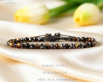 Triple Protection Healing Crystal Bracelet, Natural Hematite, Tiger Eye, Black Obsidian Stone Bracelet, Layering
