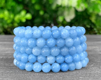 Bracelet en cristal aigue-marine, bracelet extensible en pierres précieuses naturelles, pierre de naissance de mars, chakra de la gorge