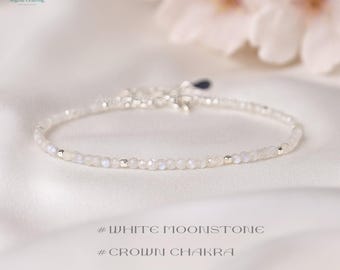 Healing White Moonstone Crystal Dainty Anklet Bracelet, Natural Gemstone Minimalist Bracelet, Crown Chakra