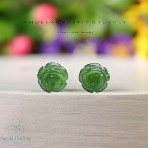 Minimalist Green Jade Studs Earrings, Natural Gemstone Rose Flower Studs, Healing Crystal Dainty Studs Earrings Gift