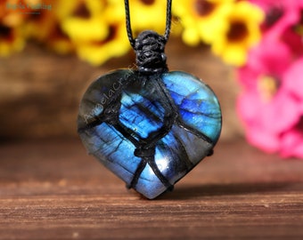 Heart Shaped Labradorite Stone Necklace, Natural Labradorite Pendant Necklace, Healing Crystal Wrapped Necklace ,Spiritual Protection Gift