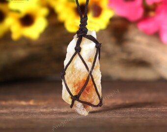 Rough Raw Citrine Wrapped Necklace, Natural Gemstone Citrine Pendant Necklace, November Birthstone Healing Crystal Spiritual Protection Gift