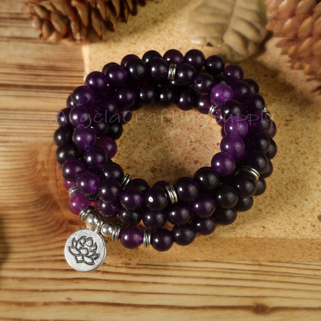 Handmade Purple Quartz Amethyst Yoga Prayer Mala 54ct Crystal Bead Necklace main image 1