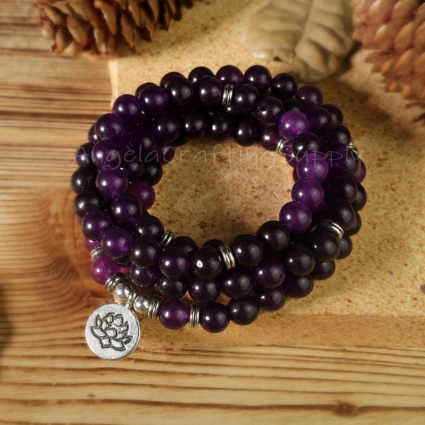 Amethyst Stone Bracelet, 108 Beads Mala Prayer Amethyst Bracelet, Healing Crystal Meditation Bracelet Inner Peace Gift