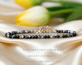 Dainty Snowflake Obsidian Crystal Bracelet, Minimalist Gemstone Grounding Jewelry, Root Chakra Gift