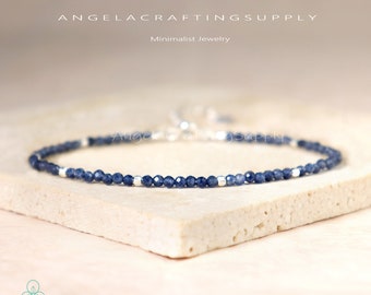 Minimalist Sapphire Bracelet, September Birthstone Delicate Natural Stone Healing Crystal Sapphire Dainty Bracelet,Spiritual Protection Gift