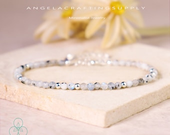 Delicate Rainbow Moonstone Dainty Bracelet, Natural Moonstone with Black Tourmaline Stone Bracelet, Healing Crystal Minimalist Gift