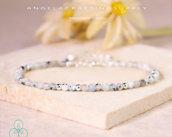 Delicate Rainbow Moonstone Dainty Bracelet, Natural Moonstone Gemstone Bracelet, Moonstone Crystal Minimalist Gift for Women, Crown Chakra