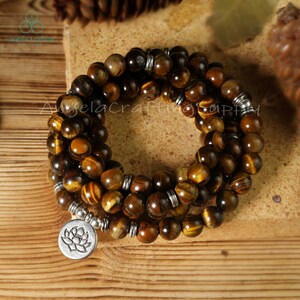 Healing Crystal Tiger Eye 108 Beads Mala Bracelet, Tiger Eye Mala Prayer Bracelet, Natural Stone Mala, Meditation Spiritual Protection Gift