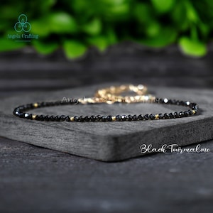 Black Tourmaline Dainty Anklet , Natural Healing Crystal Gemstone Minimalist Anklet, Root Chakra