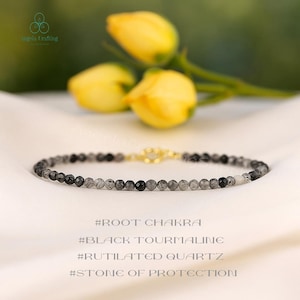 Black Tourmaline Rutilated Quartz Dainty Bracelet, Healing Tourmaline Crystal Minimalist Bracelet, Natural Gemstone Bracelet, Root Chakra
