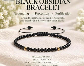 Dainty 4mm Black Obsidian Bracelet, Minimalist Crystal Protection Jewelry,  Root Chakra Gift, Grounding